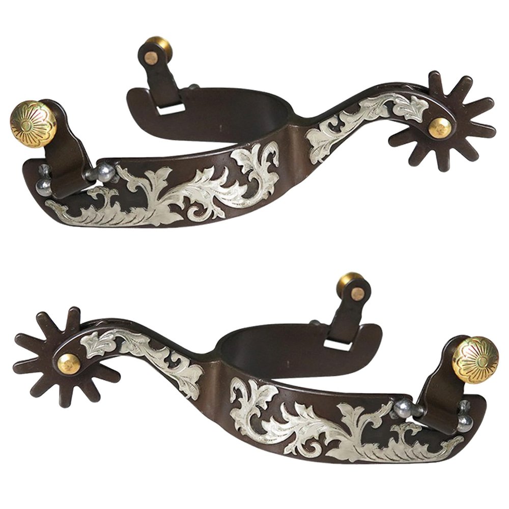 Centmehr Western Men's Antiqued Spurs with Hand Engraved Trims and Rowel (Flower Trims)