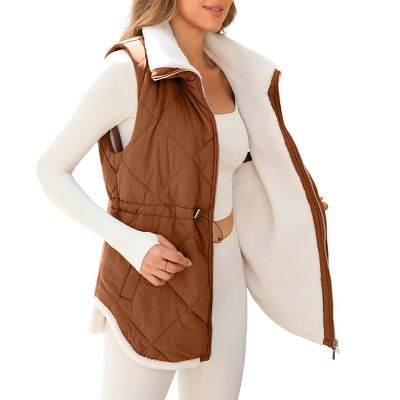 Womens 2024 Winter Vests Sleeveless Fleece Jacket Zip Up Stand Collar Long Warm Drawstring Coat with Pockets