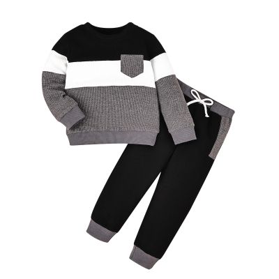 FOCICI 18-24 Month Boy Clothes Toddler Long Sleeve Patchwork Sweatshirt Pullover Tops + Casual Pocket Pants Fall Winter Outfits 2pcs Set Grey 2-3 Years