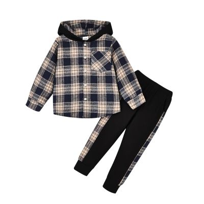 ODIMAME Boy Clothes 4T Toddler Fall Winter Outfits Plaid Pocket Hoodie Sweatshirt + Long Sleeve Pants Set Beige 4-5 Years Old