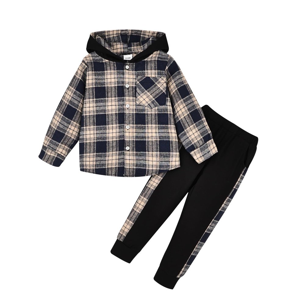 ODIMAME Boy Clothes 4T Toddler Fall Winter Outfits Plaid Pocket Hoodie Sweatshirt + Long Sleeve Pants Set Beige 4-5 Years Old