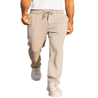 JMIERR Mens Linen Pants Elastic Waist Casual Linen Loose Boho Yoga Beach Drop Crotch Trouser with Pockets, L,Apricot