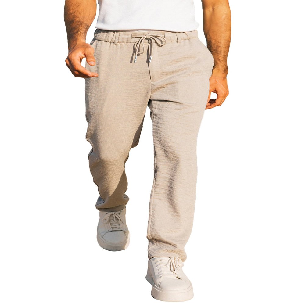 JMIERR Mens Linen Pants Elastic Waist Casual Linen Loose Boho Yoga Beach Drop Crotch Trouser with Pockets, L,Apricot