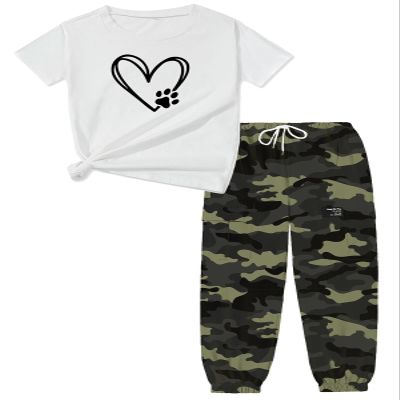 ARTMINE Girls' 2 Piece Clothing Sets Short Sleeve Crew Neck Heart Print T Shirt Drawstring Elastic Waist Camo Cargo Jogger Pants Outfits
