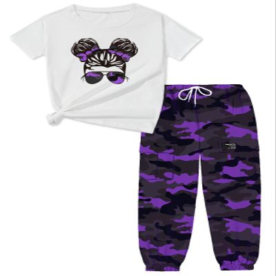 ARTMINE Girls' 2 Piece Clothing Sets Short Sleeve Crew Neck Heart Print T Shirt Drawstring Elastic Waist Camo Cargo Jogger Pants Outfits