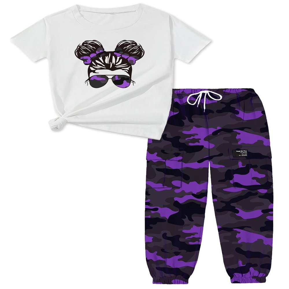 ARTMINE Girls' 2 Piece Clothing Sets Short Sleeve Crew Neck Heart Print T Shirt Drawstring Elastic Waist Camo Cargo Jogger Pants Outfits