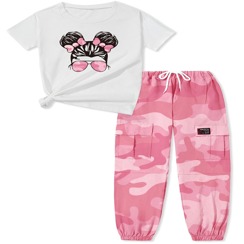ARTMINE Girls' 2 Piece Clothing Sets Short Sleeve Crew Neck Heart Print T Shirt Drawstring Elastic Waist Camo Cargo Jogger Pants Outfits