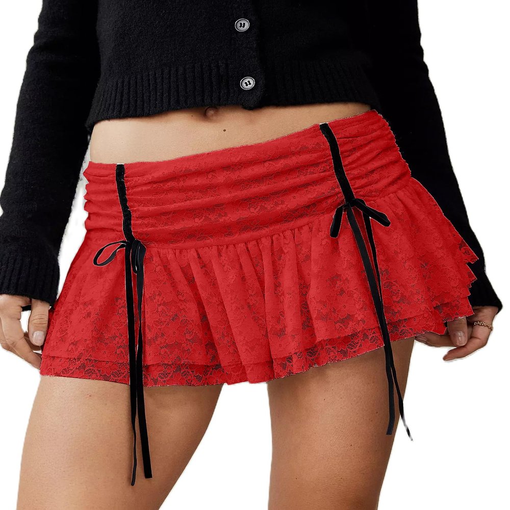 Seyumixi Women Lace Ruffle Bloomer Skirt Frill Tiered Short Skater Skirts Cute Layered Flowy A Line Mini Underskirt(Lace Bowtie Red,L)
