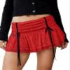 Seyumixi Women Lace Ruffle Bloomer Skirt Frill Tiered Short Skater Skirts Cute Layered Flowy A Line Mini Underskirt(Lace Bowtie Red,L) view 1