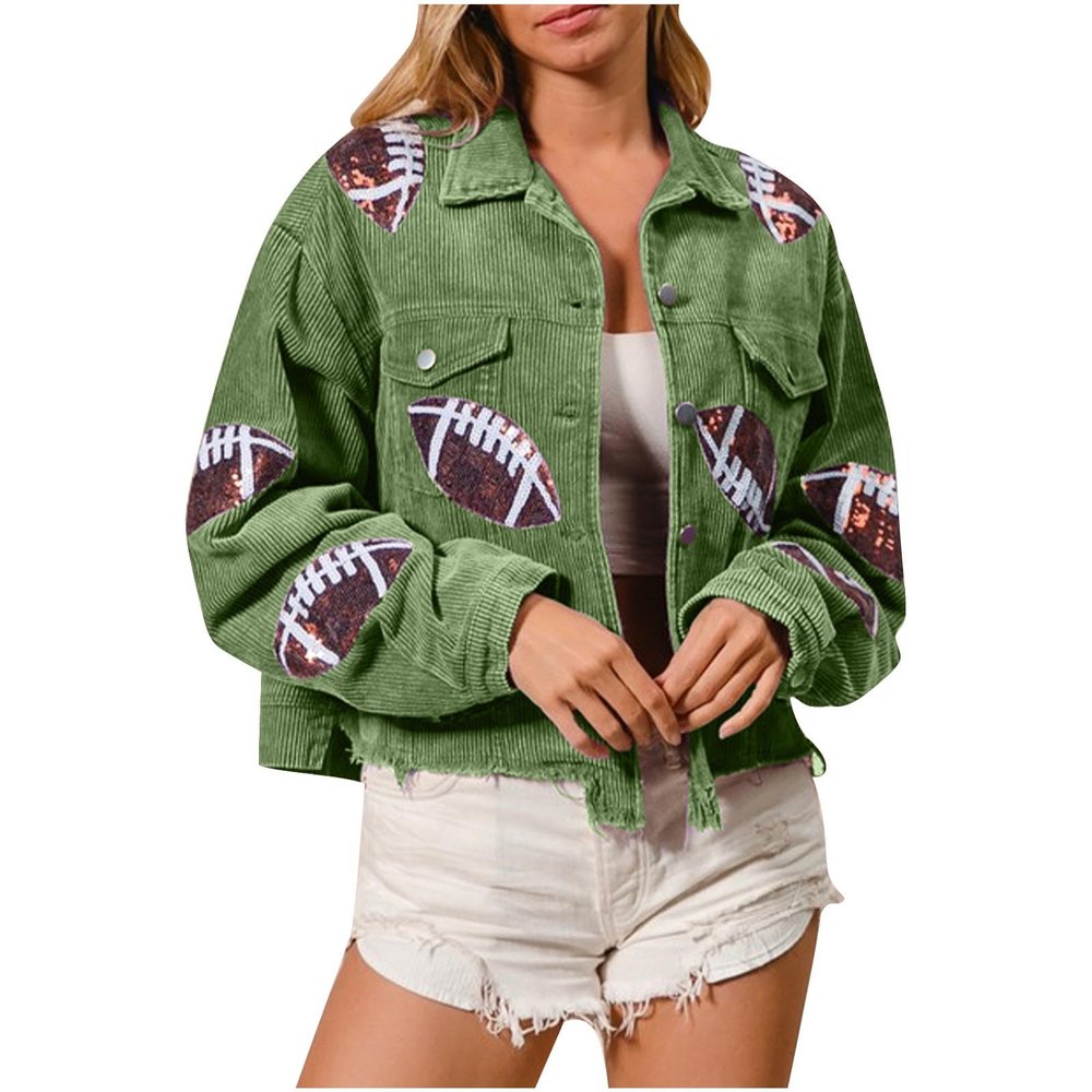 Akklian Women's Cropped Corduroy Jacket Frayed Hem Football Sequin Patched Short Coat Hippie Jacket Coats with Flap Pocket