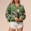 Akklian Women's Cropped Corduroy Jacket Frayed Hem Football Sequin Patched Short Coat Hippie Jacket Coats with Flap Pocket view 2