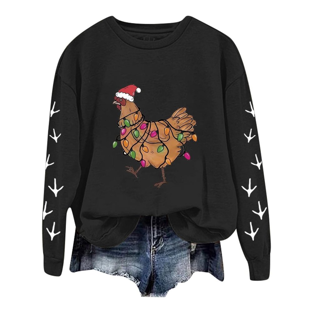 Mgoohoen Sweaters for Women Christmas Shirts for Women Cute Chicken Print Graphic Sweatshirts Long Sleeve Crewneck Sweatshirt Pullover Tops