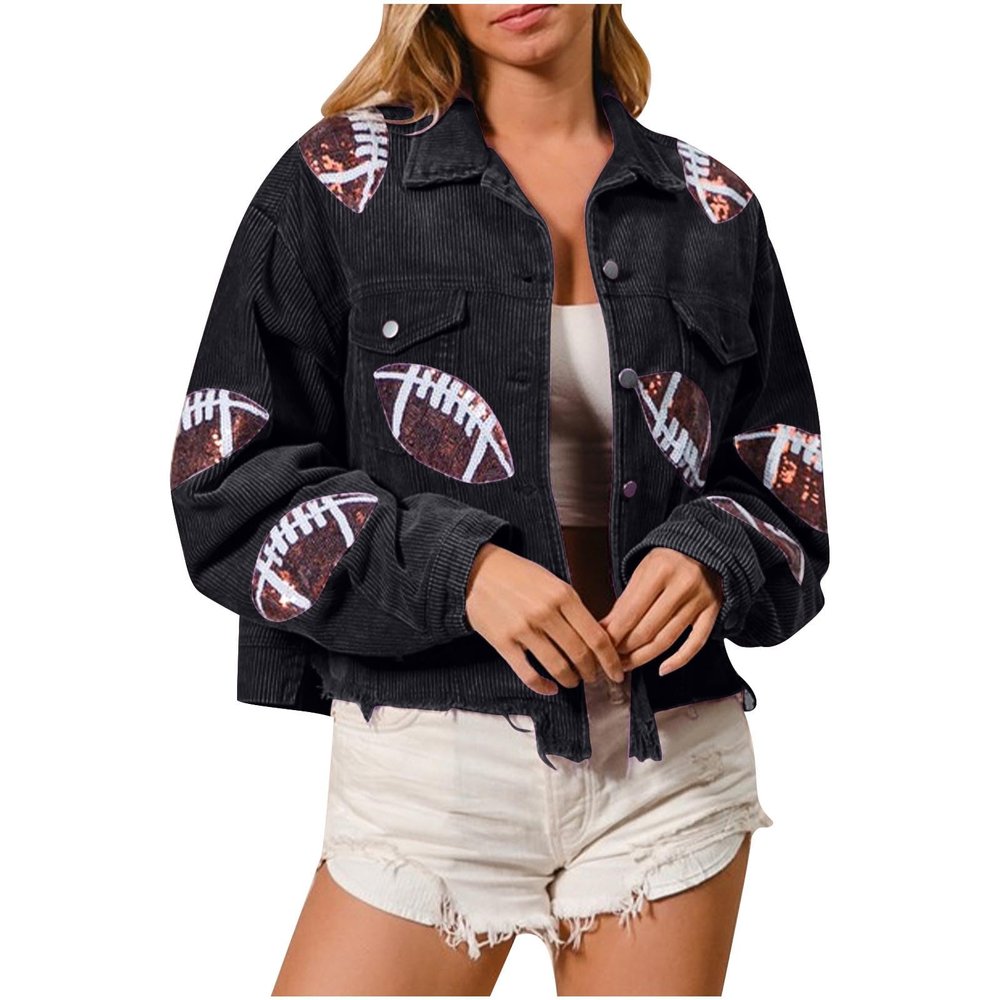 Akklian Women's Cropped Corduroy Jacket Frayed Hem Football Sequin Patched Short Coat Hippie Jacket Coats with Flap Pocket