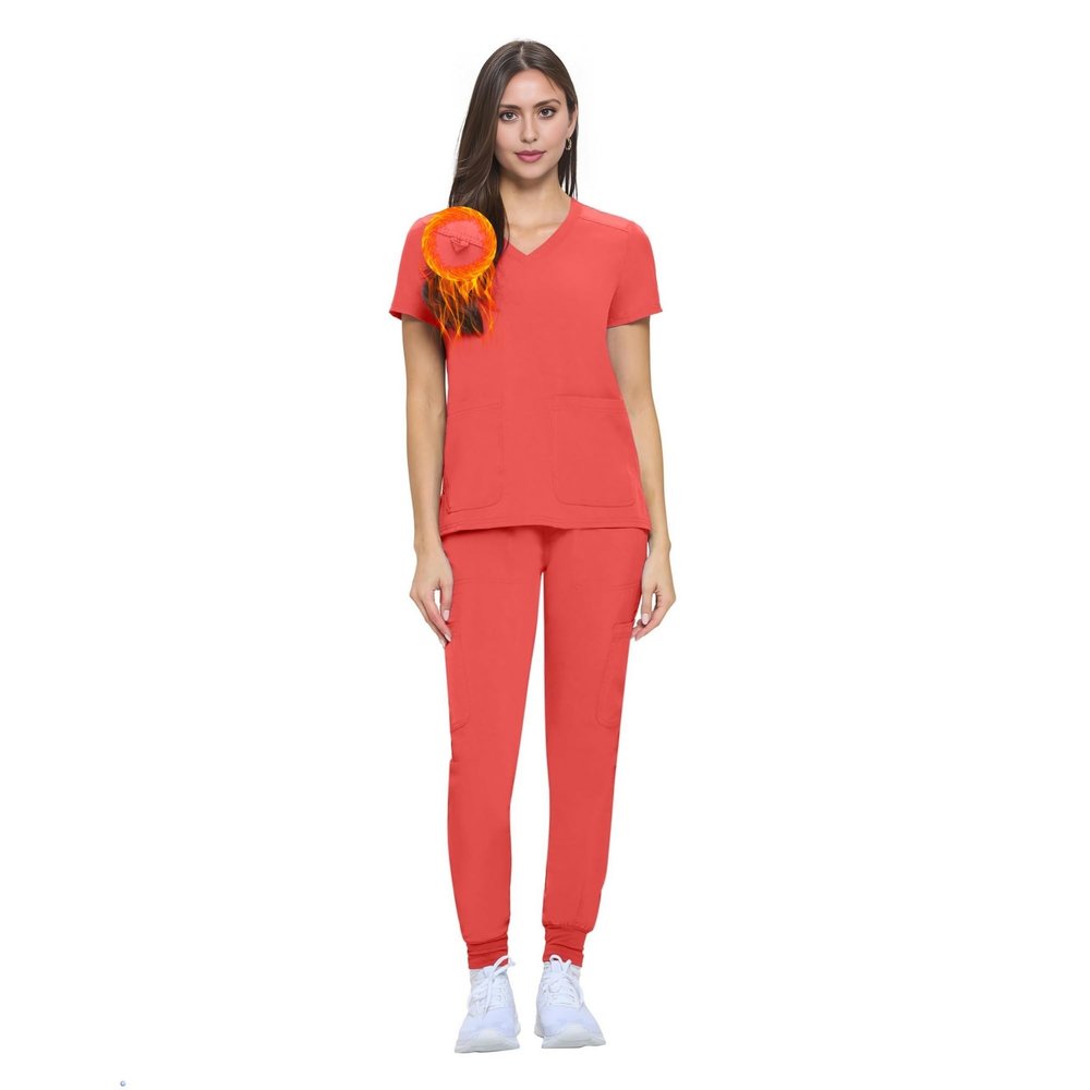 ACTIVE UNIFORMS Women's Essential Scrub Set Cool Stretch Jogger Scrub Top and Pants Nursing Uniform Clearance Workwear (Coral, XX-Large)