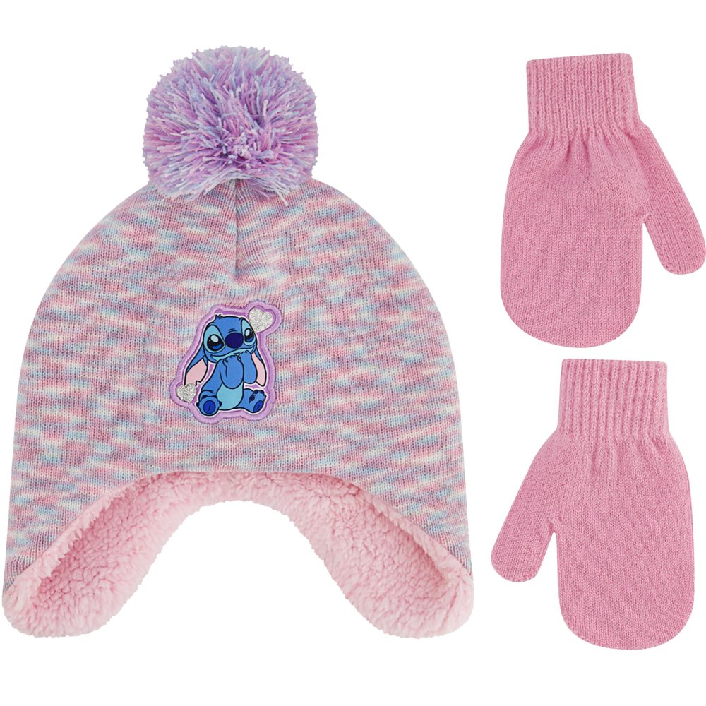 Disney Stitch Beanie Hat and Gloves Set, Toddlers Marled Peruvian Winter Knit Cap with Pom and Matching Mittens, Pink, One Size