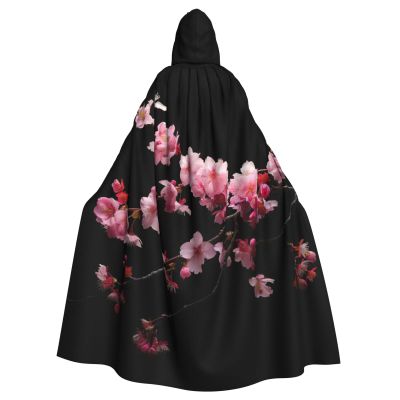 YKJJFVZ Japanese Cherry Flowers Print Rogue Cosplay Adult Halloween Witch Hooded Cloak Cape Unisex Costume For Horror Parties Masquerade