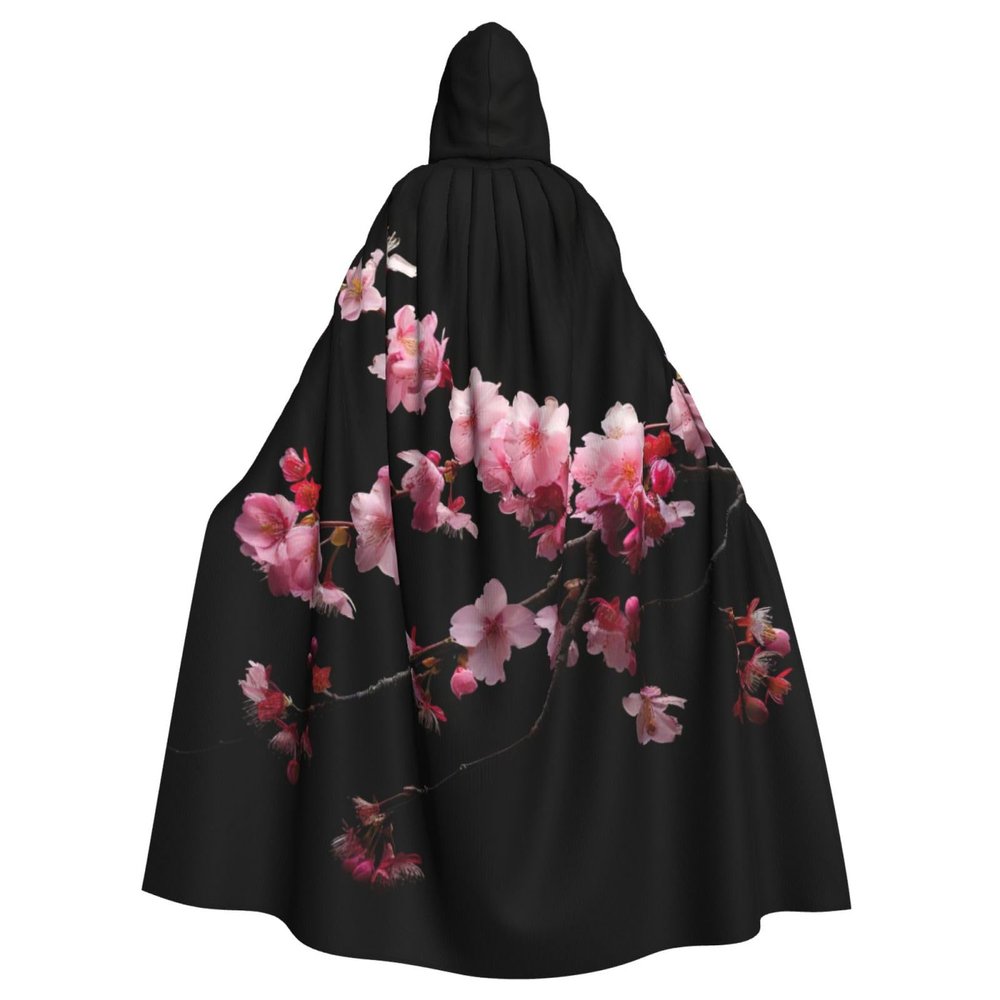 YKJJFVZ Japanese Cherry Flowers Print Rogue Cosplay Adult Halloween Witch Hooded Cloak Cape Unisex Costume For Horror Parties Masquerade