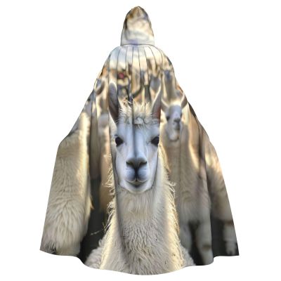 YKJJFVZ Cute Llama Print Rogue Cosplay Adult Halloween Witch Hooded Cloak Cape Unisex Costume For Horror Parties Masquerade