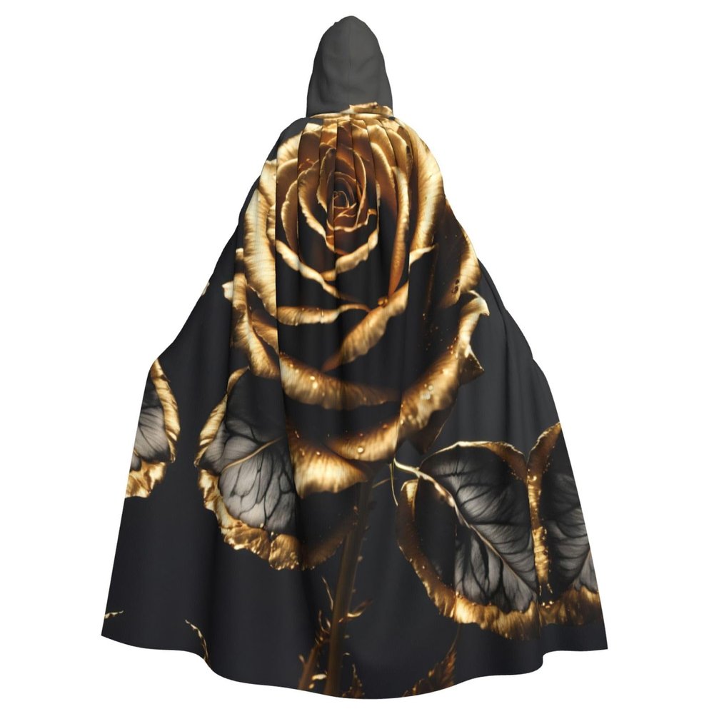 YKJJFVZ Black And Gold Flowers Print Rogue Cosplay Adult Halloween Witch Hooded Cloak Cape Unisex Costume For Horror Parties Masquerade