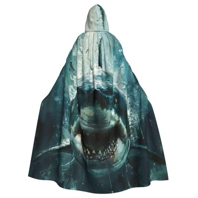 YKJJFVZ Shark Cum Print Rogue Cosplay Adult Halloween Witch Hooded Cloak Cape Unisex Costume For Horror Parties Masquerade