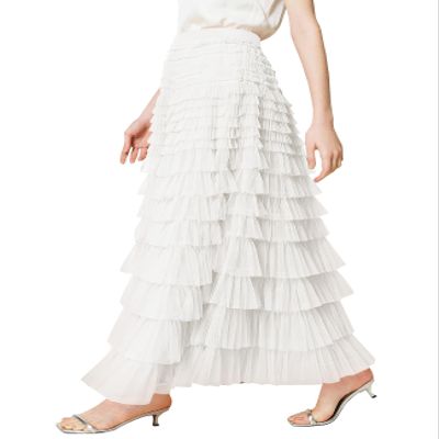 Women's Tulle Maxi Skirt High Waist Elastic Tiered Ruffle A-Line Flowy Party Wedding Guest Skirts Comfortable Daily Wear(White-M)