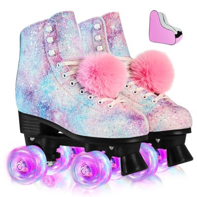 LEVYTEMP Roller Skates for Women, Men Light-Up Wheels Double-Row Rollerskates High-Top PU Leather Classic Designs Glitter Skate Shoes for Girls Beginners with a Shoes Bag Size 5 Indoor Outdoor