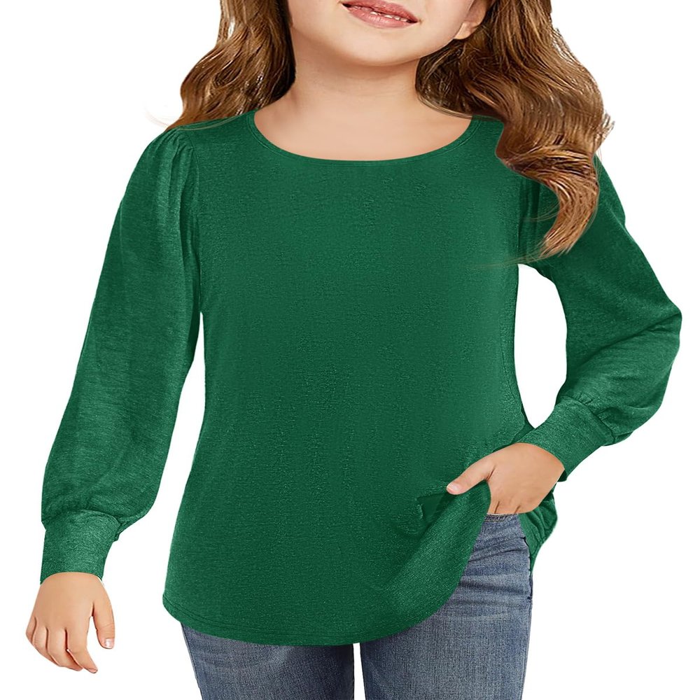 Haloumoning Girls Puff Long Sleeve Shirts Kids Casual Crewneck Soft Tunic Tops Blouse 5-14 Years Dark Green