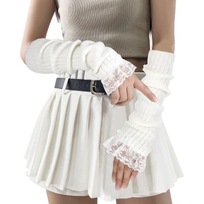 Abeillo Arm Warmers for Long Sleeve Fingerless, Y2K Cool Girls Arm Covers, White Cute Harajuku Knitted Lace Arm Sleeve, Gothic Punk Hip Hop Accessories(White)