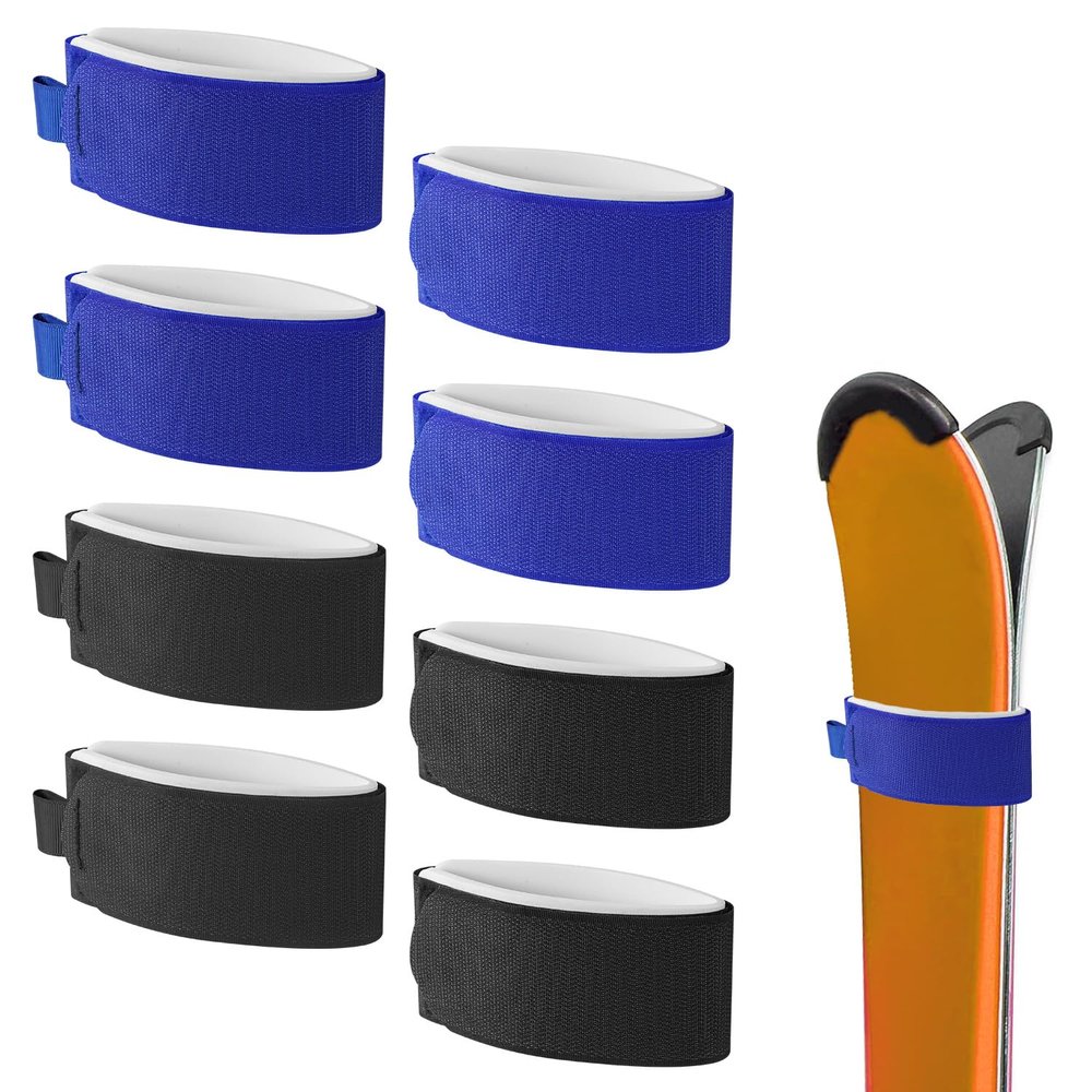 8pcs Ski Strap Fasteners, Adjustable Wrap Straps Ski Bands for Storage Snow Ski Pole Fastener Tape Ski Storage Tie with Protective Pad Ski Accessories for Carrying Winter Sports Gifts (Blue & Black)