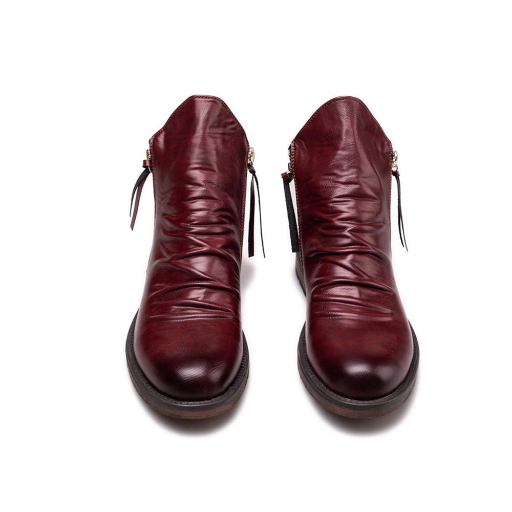 Dressnu Men's shoes leather boots large size double side zipper non-slip sole Wine red 11.5
