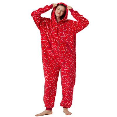 Focupaja Unisex Christmas Onesie Pajamas Hooded Comfy Flannel Zipper One Piece Sleepwear Matching Jumpsuit for Family Couples Red Cane Candy-XL