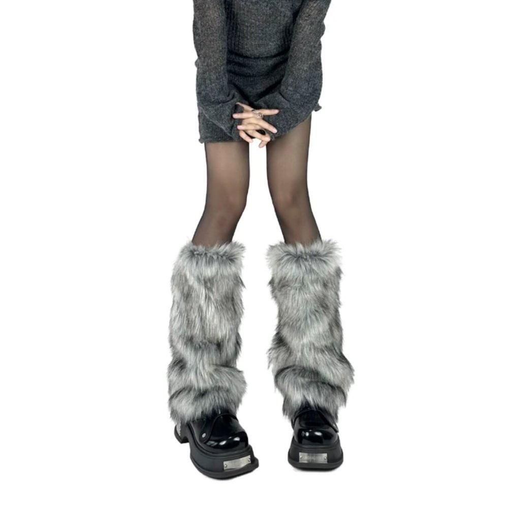 BWGHBH Women's Furry Leg Warmers Faux Fur Girl's Boot Covers Winter Warm Leg Cuffs For Party Christmas Costume Blue Grey 20cm