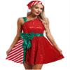 Miutii Womens Mrs Claus Costume Sequins Color Block Dance Dress with Santa Hat Xmas Party Dancewear Red Large view 1