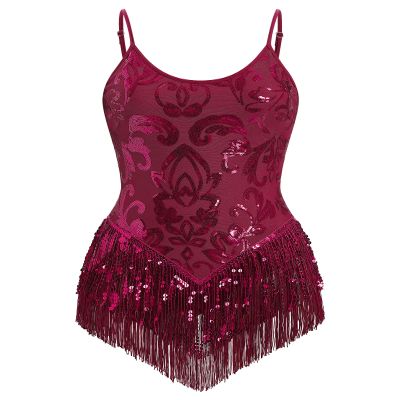 AFAVOM Women's Latin Dance Sequin Fringe Bodysuit Sparkle Music Festival Rave Outfit Glitter Concert Cami Leotard Shiny Cocktail Clubwear Party Jumpsuit Jazz Cha Cha Dancing Romper Dress Wine S