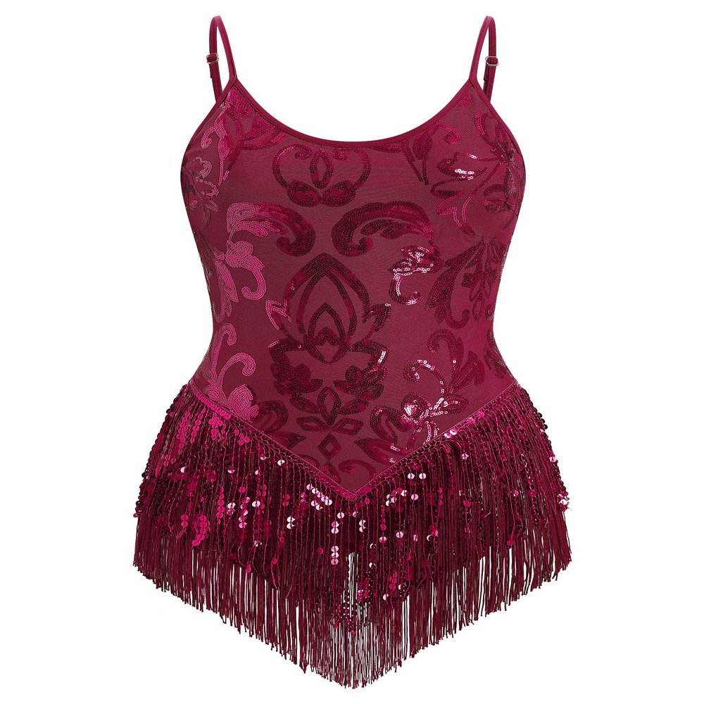 AFAVOM Women's Latin Dance Sequin Fringe Bodysuit Sparkle Music Festival Rave Outfit Glitter Concert Cami Leotard Shiny Cocktail Clubwear Party Jumpsuit Jazz Cha Cha Dancing Romper Dress Wine S