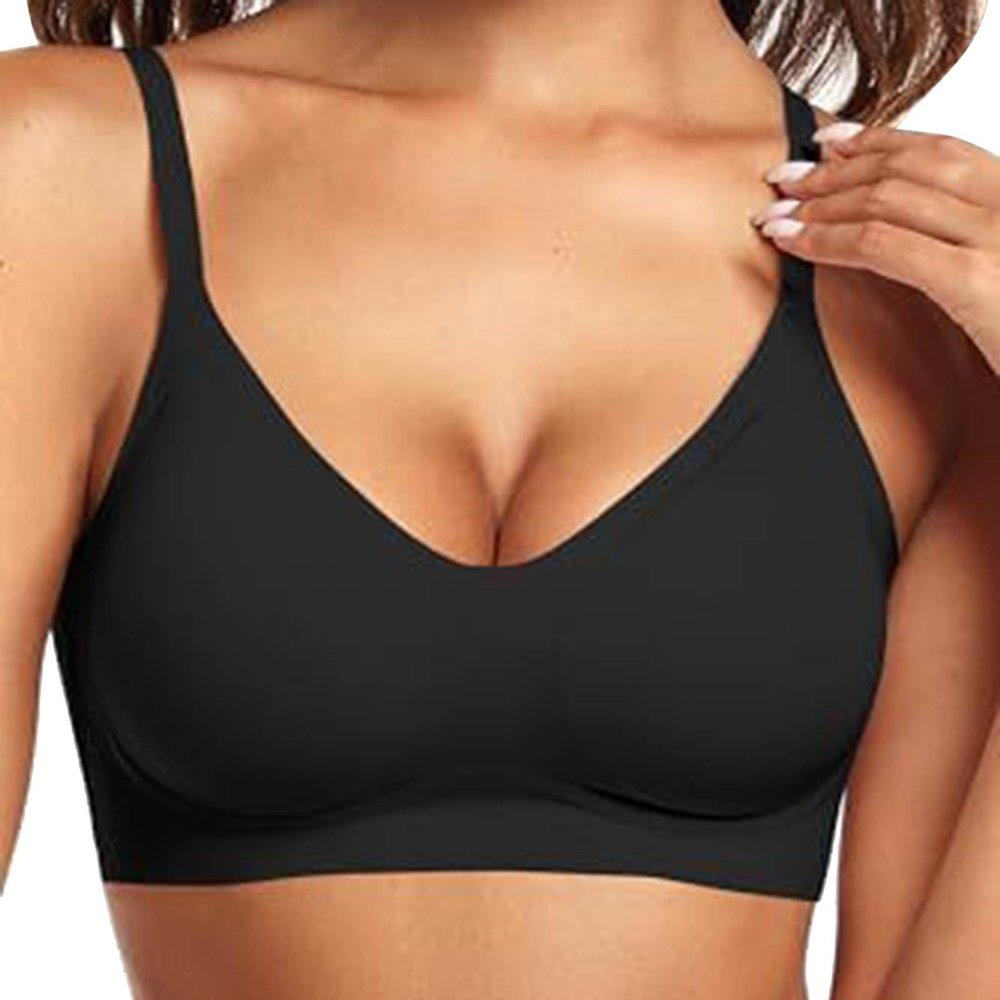 Womens Push Up Everyday Bras Comfortable Wireless Bralettes V Neck Seamless Bra Smooth Brassiere Wireless Bra Black