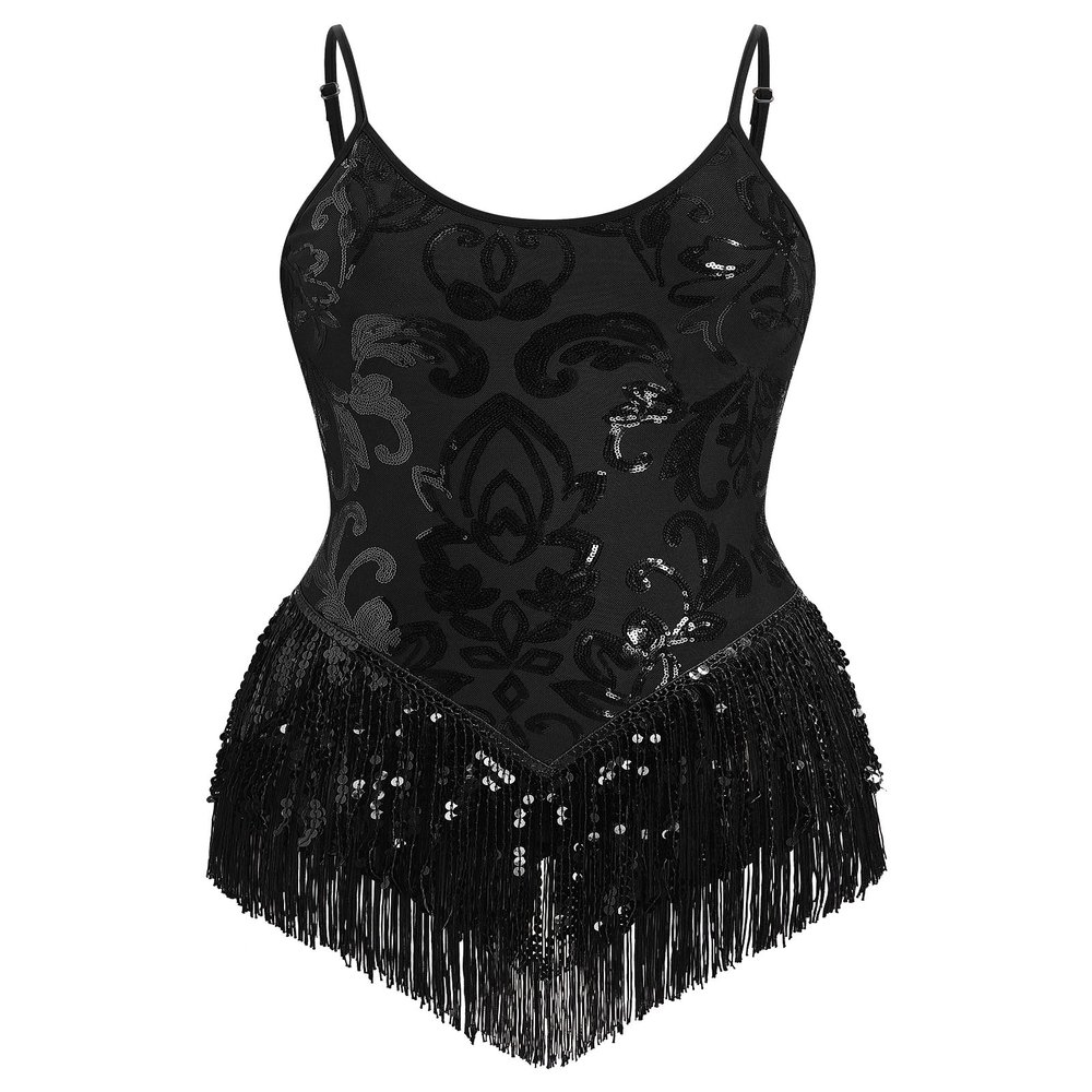 AFAVOM Women's Latin Dance Sequin Fringe Bodysuit Sparkle Music Festival Rave Outfit Glitter Concert Cami Leotard Shiny Cocktail Clubwear Party Jumpsuit Jazz Cha Cha Dancing Romper Dress Black S