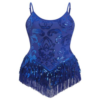 AFAVOM Women's Latin Dance Sequin Fringe Bodysuit Sparkle Music Festival Rave Outfit Glitter Concert Cami Leotard Shiny Cocktail Clubwear Party Jumpsuit Jazz Cha Cha Dancing Romper Dress Blue XL