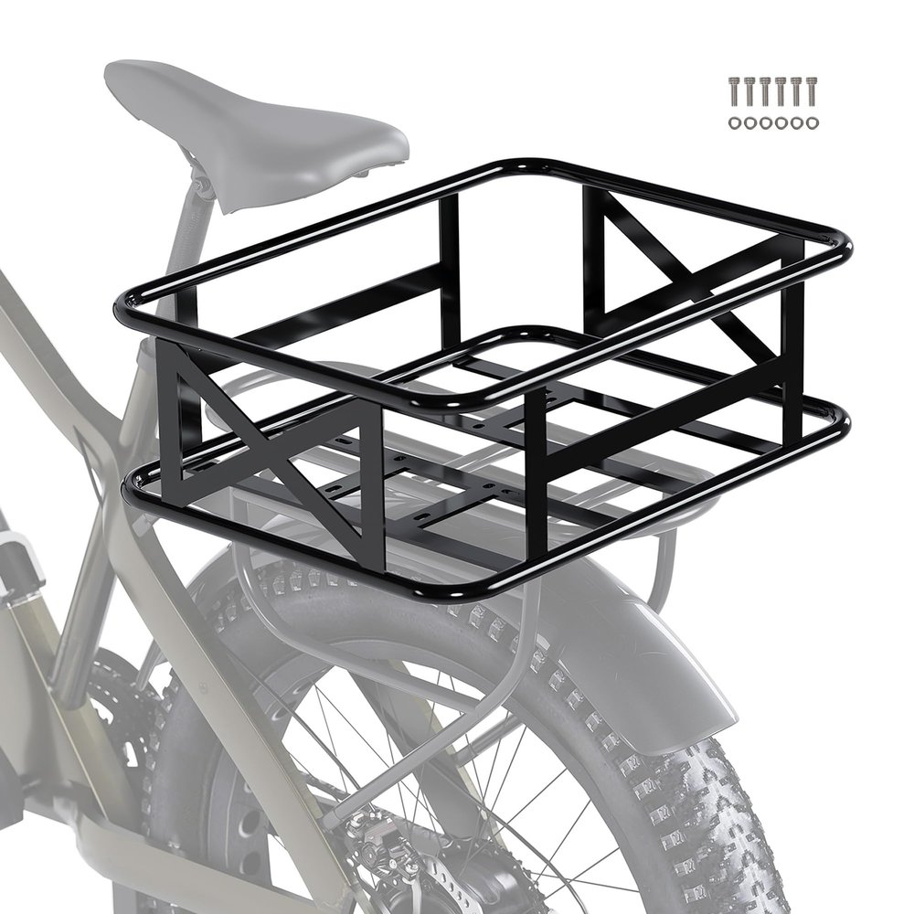 HECASA Upgraded Ebike Basket Rear, Waterproof Steel Electric Bicycle Basket, Large Capacity Rear Bike Cargo Rack for Picnic, Pet and Sports, Easy to Assemble