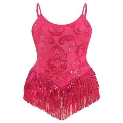 AFAVOM Women's Latin Dance Sequin Fringe Bodysuit Sparkle Music Festival Rave Outfit Glitter Concert Cami Leotard Shiny Cocktail Clubwear Party Jumpsuit Jazz Cha Cha Dancing Romper Dress Hot Pink S