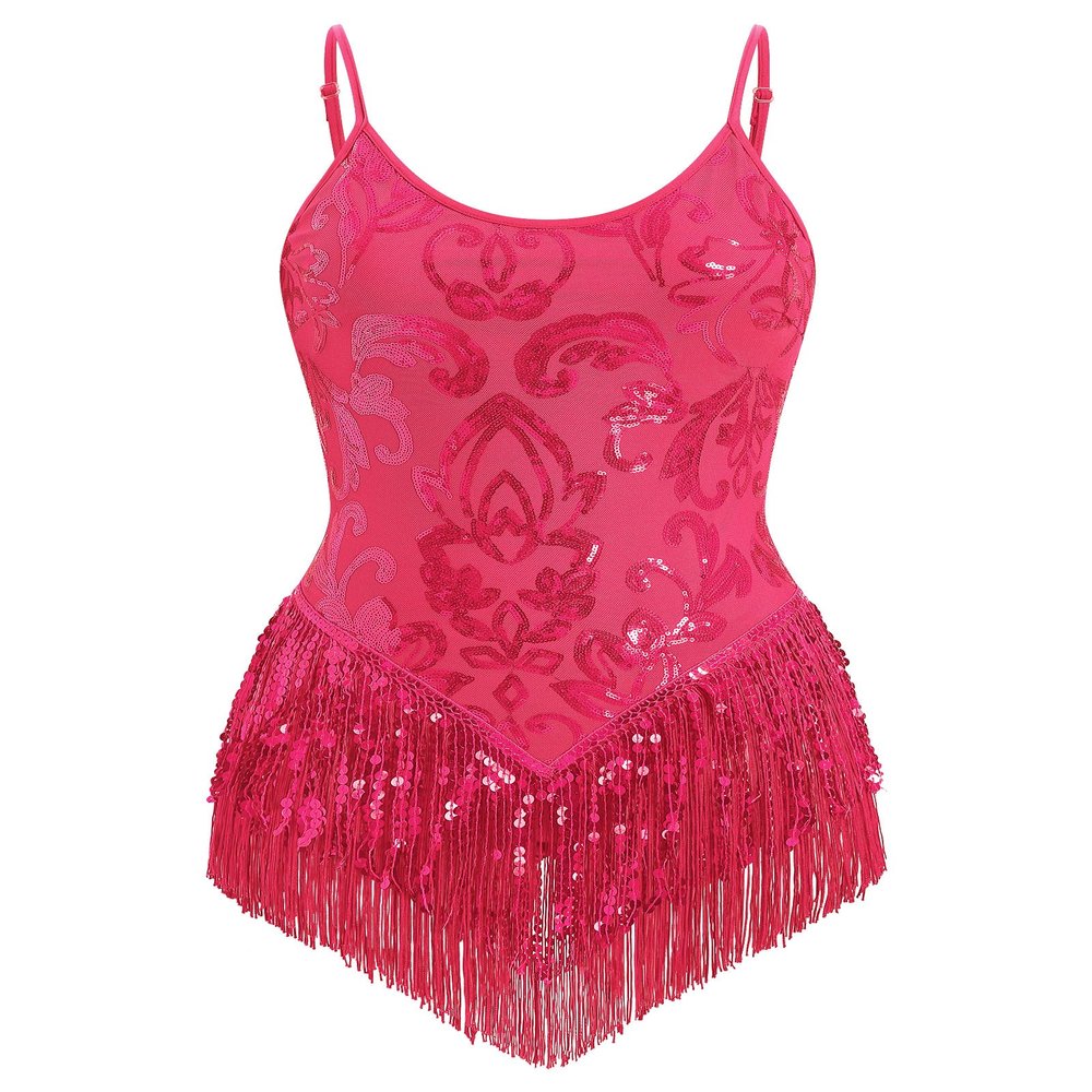 AFAVOM Women's Latin Dance Sequin Fringe Bodysuit Sparkle Music Festival Rave Outfit Glitter Concert Cami Leotard Shiny Cocktail Clubwear Party Jumpsuit Jazz Cha Cha Dancing Romper Dress Hot Pink S