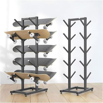 Skateboard Rack, 5/7 Tier Double-Sided Metal Skateboard Rack, Home Gym Organize Holder, Standing Metal Snowboard Storage Rack, Floor Display Stand for Garage/Shop, Black(5- Tier)