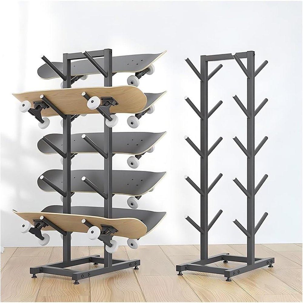 Skateboard Rack, 5/7 Tier Double-Sided Metal Skateboard Rack, Home Gym Organize Holder, Standing Metal Snowboard Storage Rack, Floor Display Stand for Garage/Shop, Black(5- Tier)
