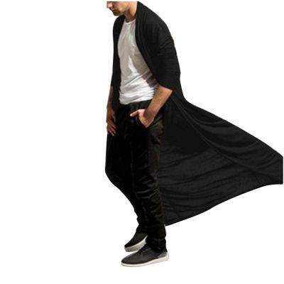 Men's Ruffle Shawl Collar Cardigan Long Sleeve Open Front Lightweight Long Length Drape Cape Overcoat with Pockets(Black, XL)