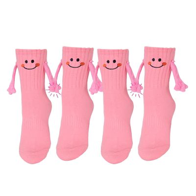 2 Pairs Funny Kids Hand Holding Socks, Kids Crazy Socks, 3D Doll Magnetic Hand in Hand Socks Mid-Tube Sock, Pink, 1-3T