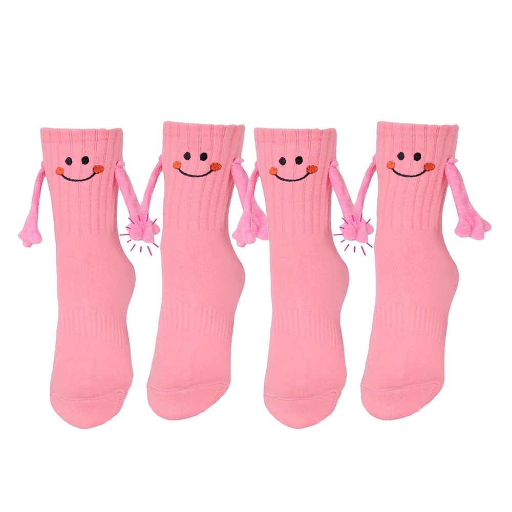 2 Pairs Funny Kids Hand Holding Socks, Kids Crazy Socks, 3D Doll Magnetic Hand in Hand Socks Mid-Tube Sock, Pink, 1-3T