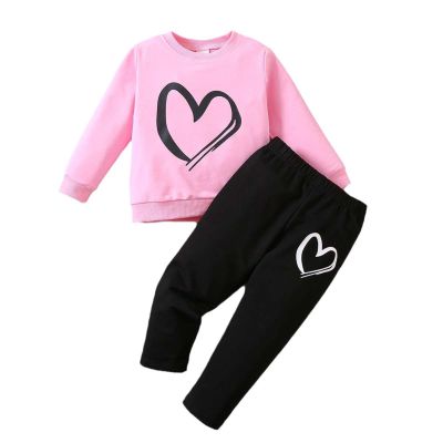Toddler Girls Heart Graphic Sweatsuit 2 Piece Tracksuit Set Pullover Sweatshirt Long Sleeve Top and (Pink, 3 Years)