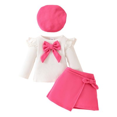 3 Piece Newborn Baby Girls Fall Winter Outfit Long Sleeve Ribbed Ruffle Romper with Bow+Skirt+Beret (Hot Pink, 3 Years)