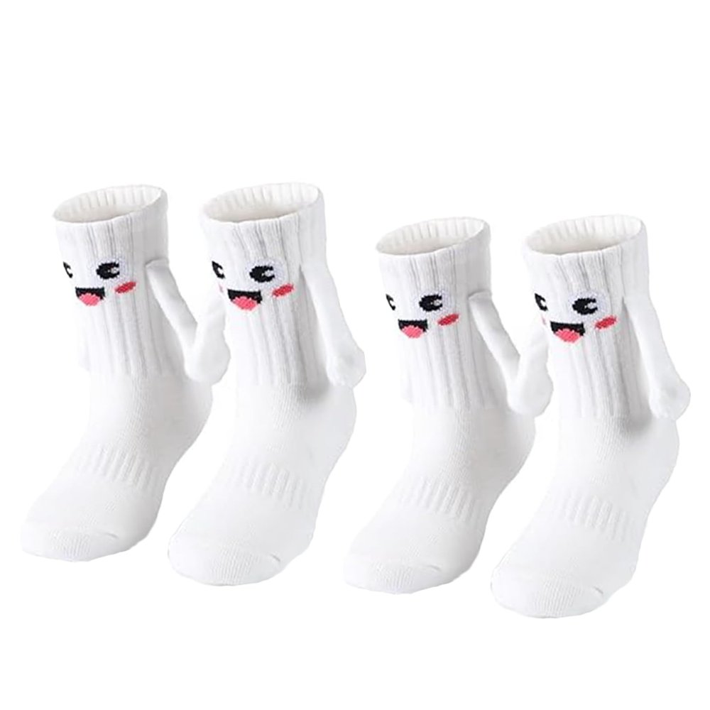 2 Pairs Funny Kids Hand Holding Socks, Kids Crazy Socks, 3D Doll Magnetic Hand in Hand Socks Mid-Tube Socks, Smile Face-White, 3-5T