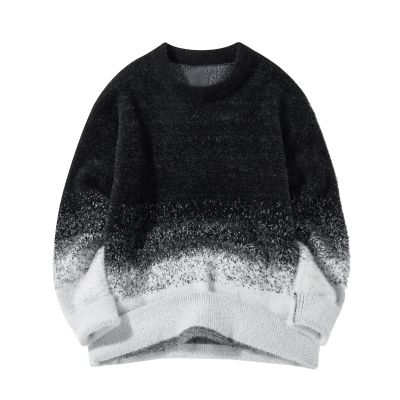 Men's Gradient Color Sweater Fall and Winter Tide Loose Thickening Bottom Warm Round Neck Knit Sweater (US, Alpha, Medium, Regular, Regular, Gradient Black)